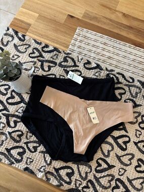 aerie Black Ribbed High-Waist Brief with Nude Thong